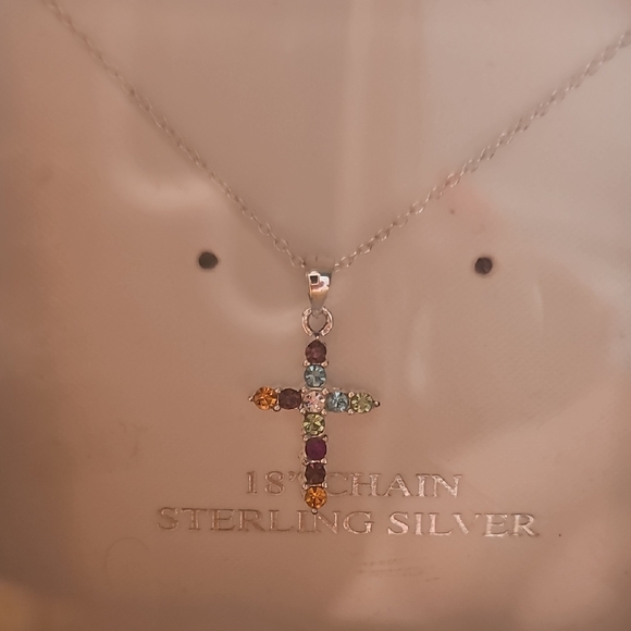 Sterling Silver NEW 18" Multicolor Cross Pendant Necklace - Picture 1 of 4